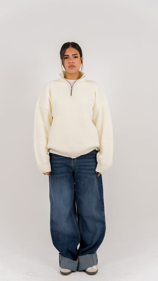 KNIT Q-ZIP SWEATER - CREAM