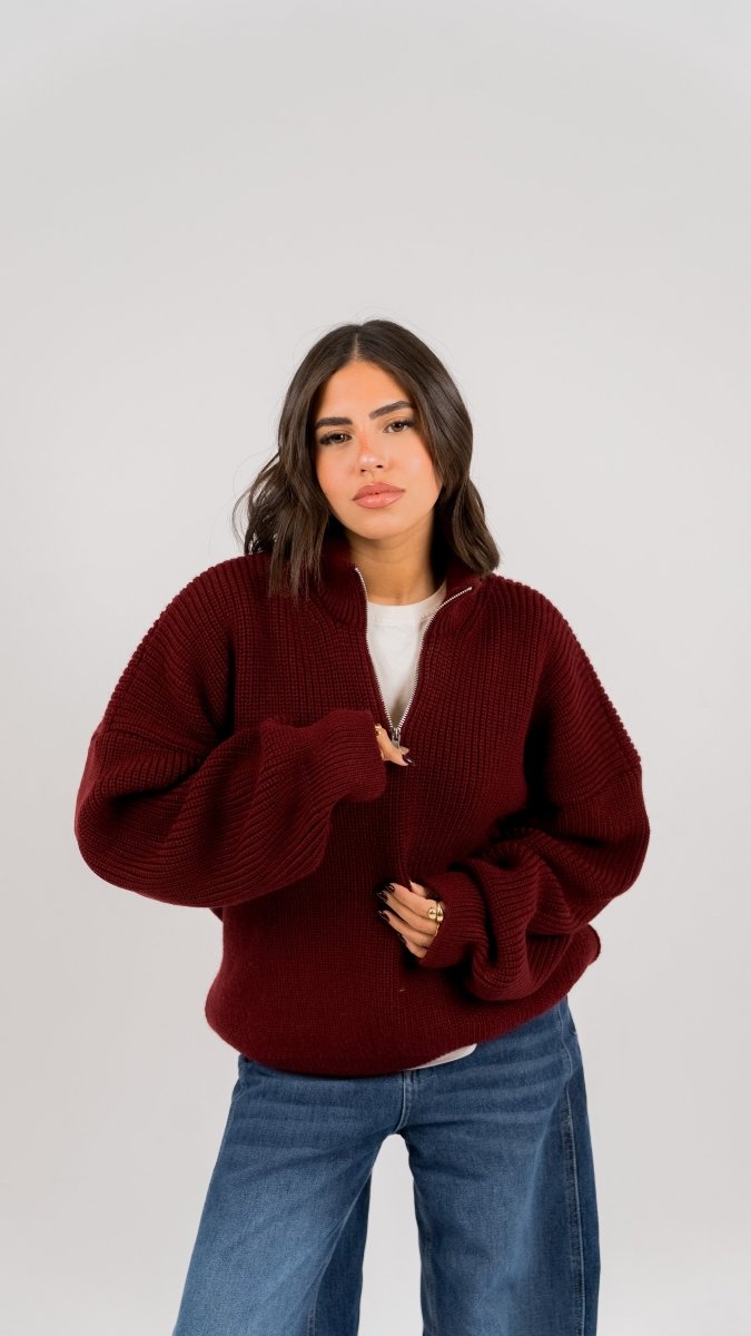 KNIT Q - ZIP SWEATER - Burgundy - Underrated store