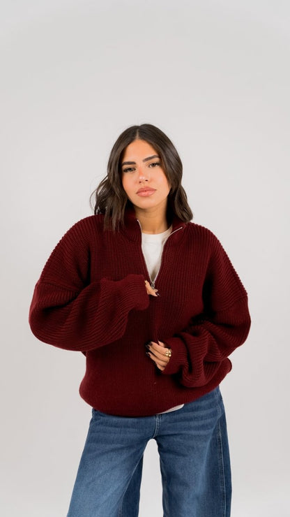 KNIT Q - ZIP SWEATER - Burgundy - Underrated store