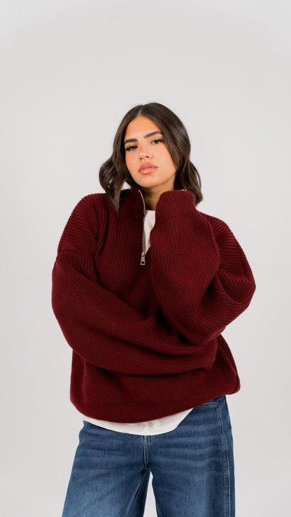KNIT Q - ZIP SWEATER - Burgundy - Underrated store