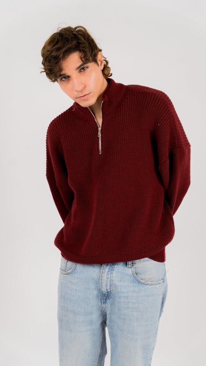 KNIT Q - ZIP SWEATER - Burgundy - Underrated store
