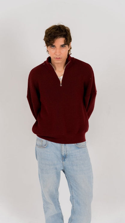KNIT Q - ZIP SWEATER - Burgundy - Underrated store