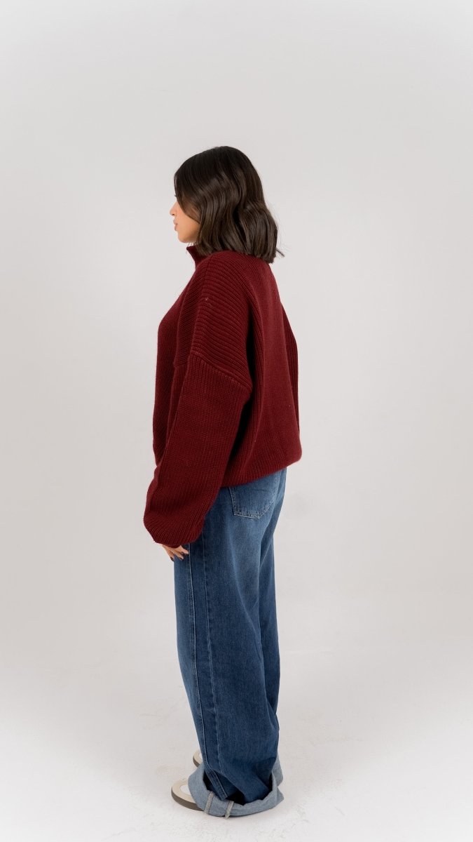 KNIT Q - ZIP SWEATER - Burgundy - Underrated store