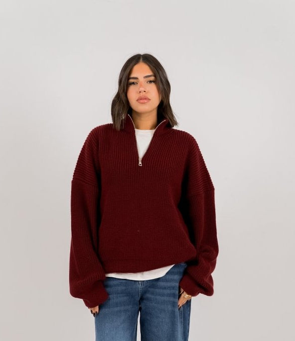KNIT Q - ZIP SWEATER - Burgundy - Underrated store