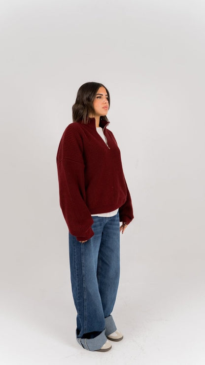 KNIT Q - ZIP SWEATER - Burgundy - Underrated store