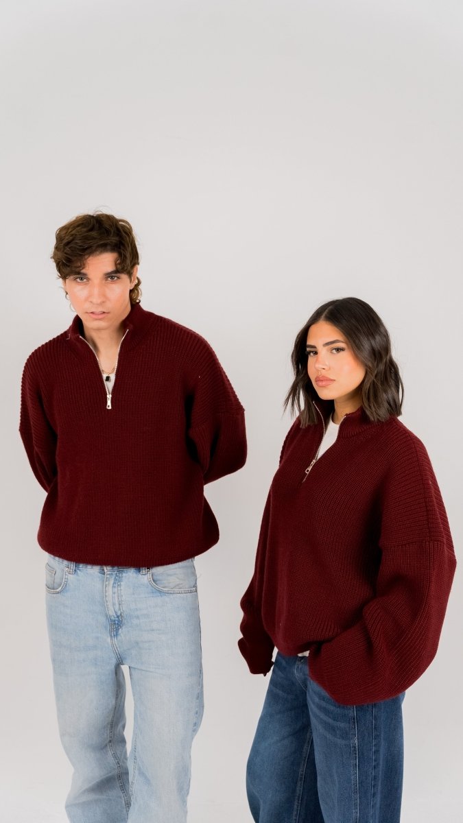 KNIT Q - ZIP SWEATER - Burgundy - Underrated store