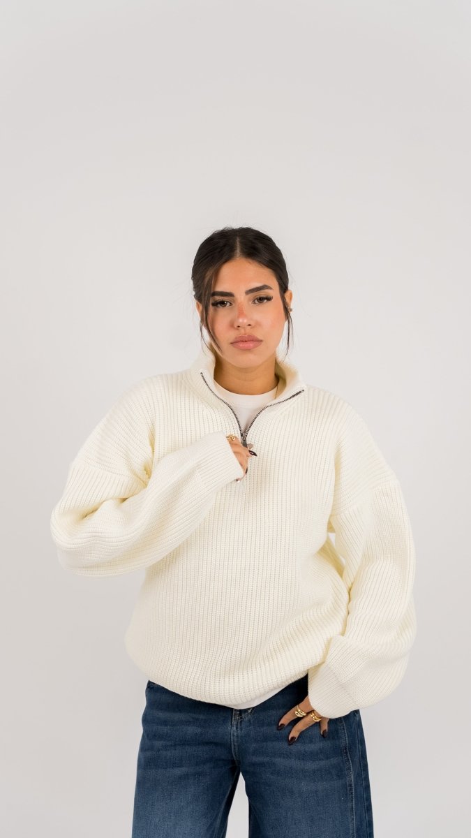 KNIT Q - ZIP SWEATER - CREAM - Underrated store
