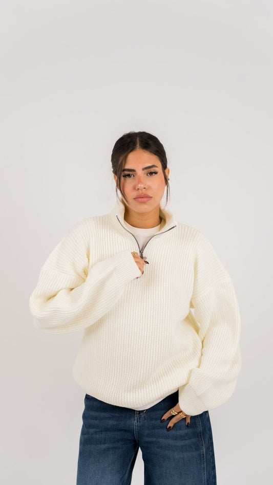 KNIT Q - ZIP SWEATER - CREAM - Underrated store