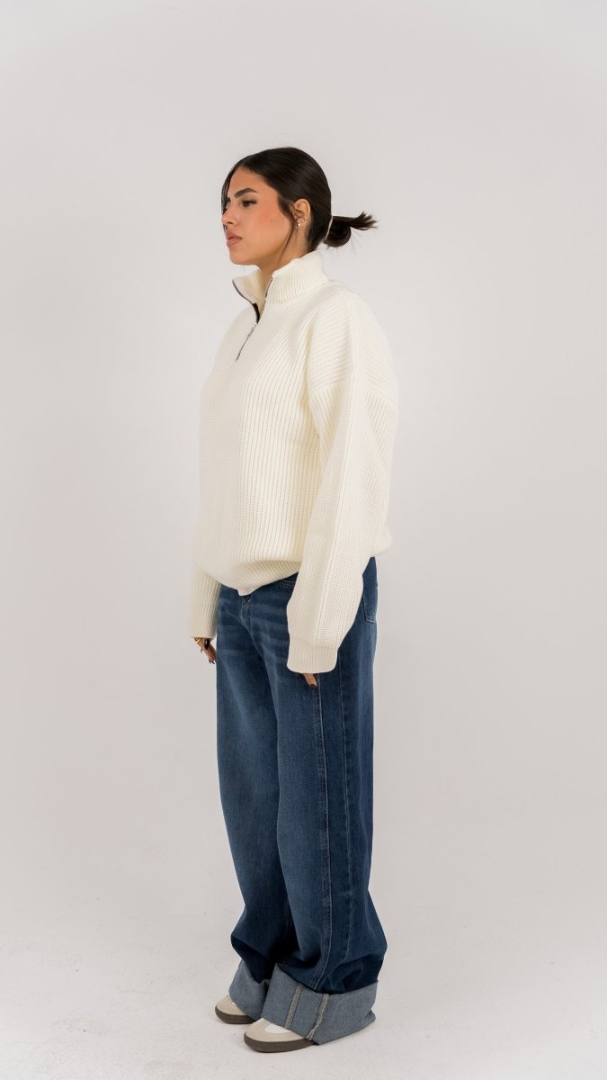 KNIT Q - ZIP SWEATER - CREAM - Underrated store